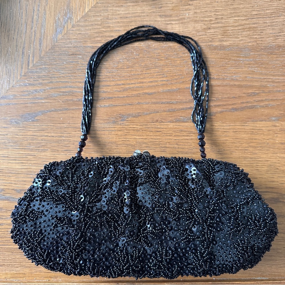 Vintage Elegant FRANCHI Black Beaded Sequin Cocktail Evening Bag Purse - Picture 16 of 16